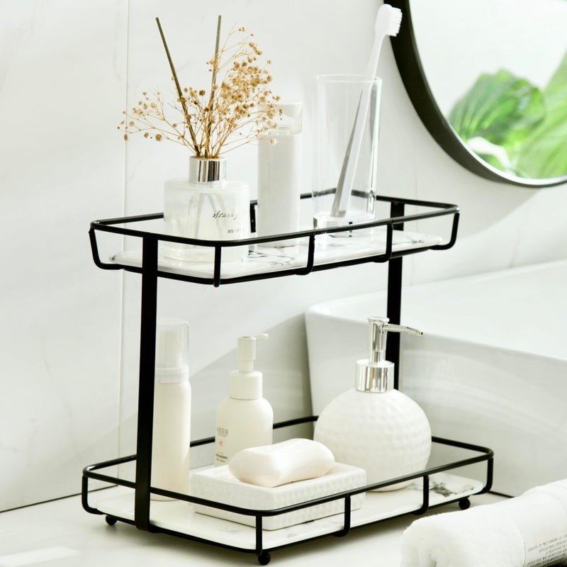 Bathroom Organizer Countertop Perfume Organizer Makeup Organizer Cosmetics Storage Display Rack Vanity Tray Dresser Stainless Steel Gold Shelf White Marble Ceramic Tray 2 Tier LBlack