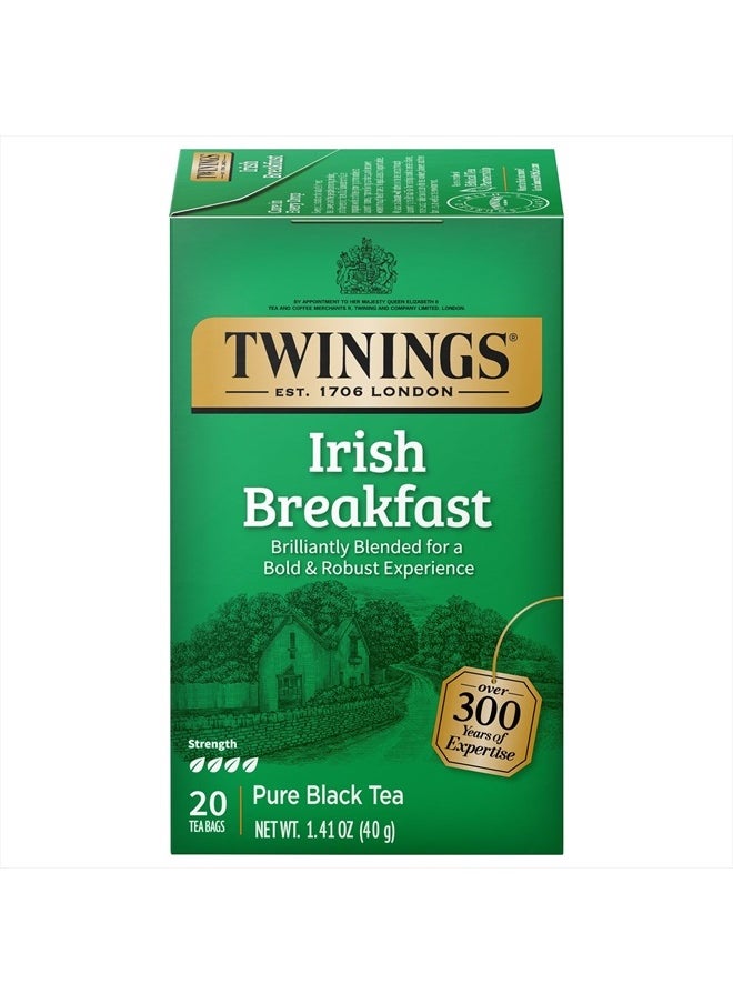 Twinings Irish Breakfast Black Tea Individually Wrapped Bags, 20 Count (Pack of 6), Flavourful, Robust Black Tea, Caffeinated, Enjoy Hot or Iced | Packaging May Vary  - Image 1