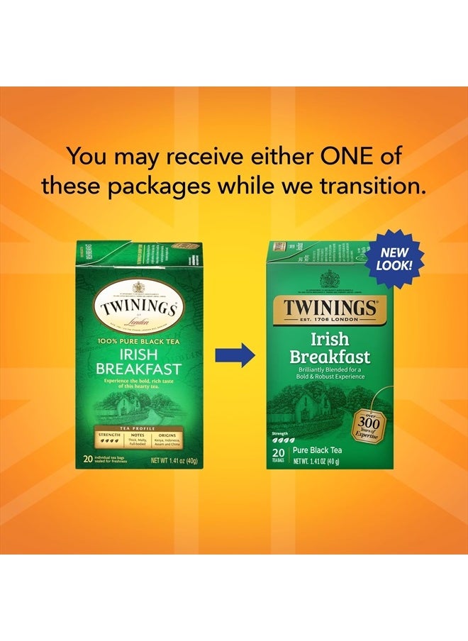 Twinings Irish Breakfast Black Tea Individually Wrapped Bags, 20 Count (Pack of 6), Flavourful, Robust Black Tea, Caffeinated, Enjoy Hot or Iced | Packaging May Vary  - Image 2