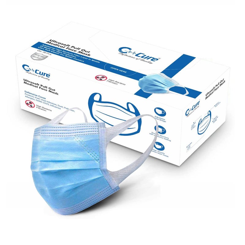 C-Cure Melt Blown - SMMS Fabric 3 Ply Disposable Face Mask with Nose Clip and Reusable Travel Pouch (Blue) for Unisex - Image 1
