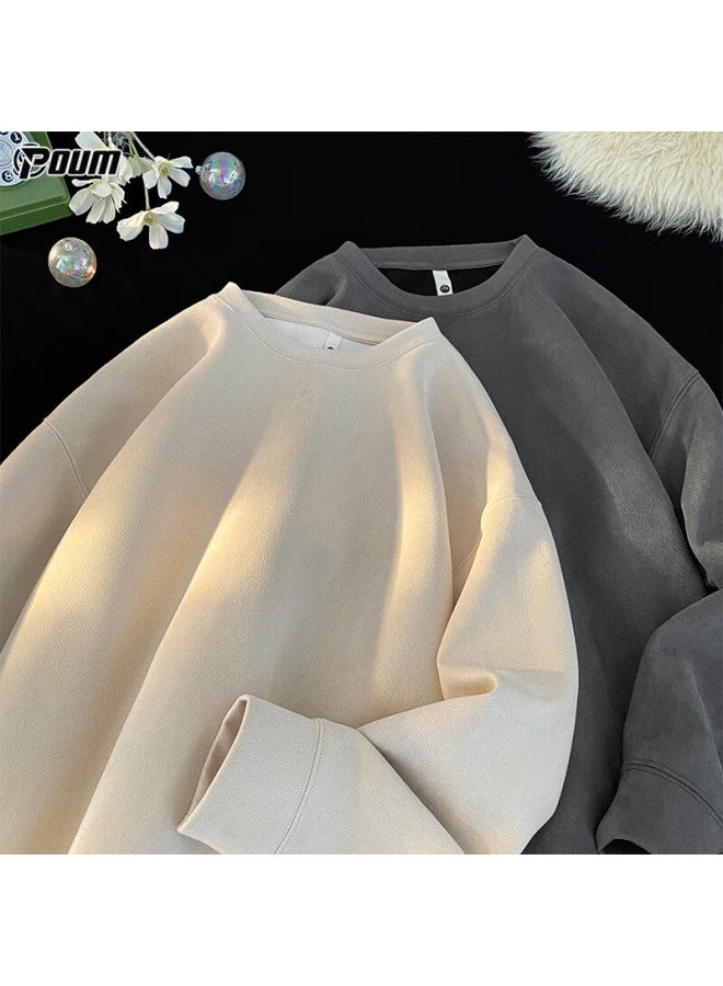 Poum American-style Suede Retro Sweatshirt For Men, Spring And Autumn Style, High-end Trendy Brand Long Sleeve W4612 Apricot Color Size L - Image 2