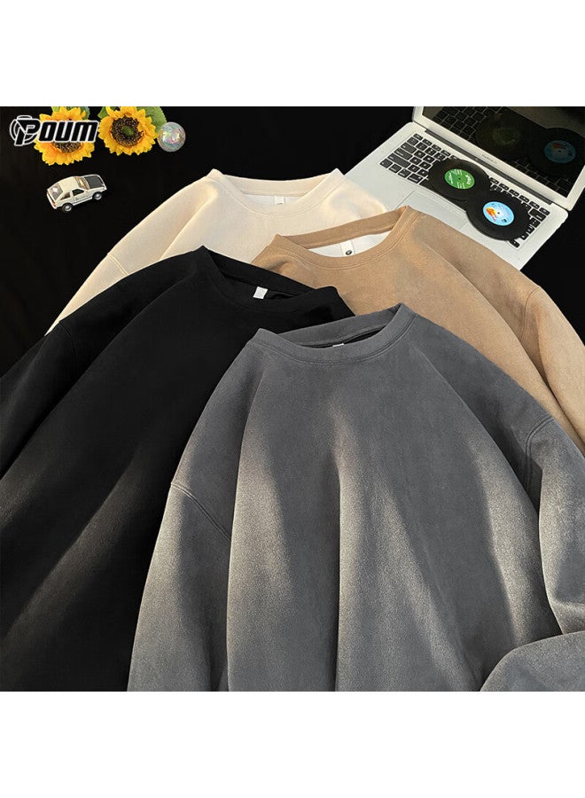 Poum American-style Suede Retro Sweatshirt For Men, Spring And Autumn Style, High-end Trendy Brand Long Sleeve W4612 Apricot Color Size L - Image 3