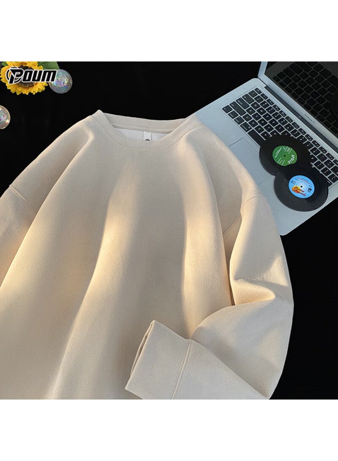 Poum American-style Suede Retro Sweatshirt For Men, Spring And Autumn Style, High-end Trendy Brand Long Sleeve W4612 Apricot Color Size L - Image 1