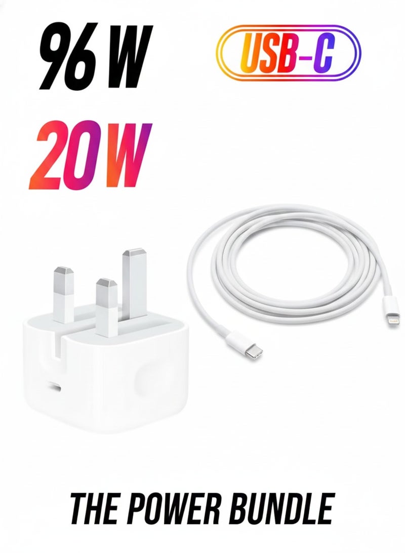 Apple محول طاقة USB-C 20 واط من أبل (شاحن آيفون أصلي) + كابل USB-C إلى Lightning بطول 2 متر أبيض - Image 1