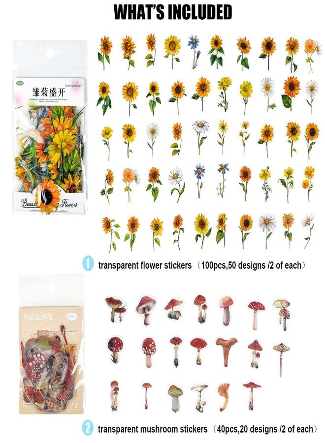 GOMTYEA Flower Stickers Set - 140 Pieces Natural Floral Mushroom Botanical Self-Adhesive Scrapbook Transparent Floral Decorative Decals for Scrapbooking Supplies Bullet Junk Journal - Image 2