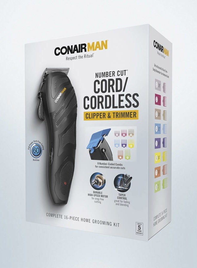 CONAIR MAN Number Cut, Cord/Cordless Men's Hair Clippers and Trimmers Set, Includes Barber Comb and Scissors, Cleaning Brush, Oil, Blade Guard and Deluxe Storage Case, At-Home Clipper Kit, Rechargeable - Image 5