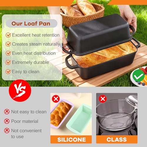GRMlmosa 11x5 Inch Cast Iron Loaf Pan, 5.8 Qt Large Dutch Oven Loaf Pan with Lid, Sourdough Bread Baking Pan for Homemade Bread|Meatloaf, Even Heat Distribution & Oven Safe up to 500°F - Image 4