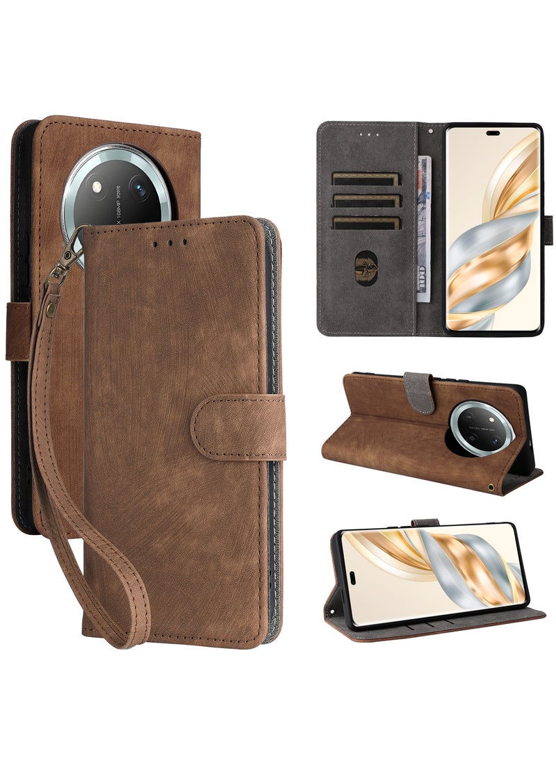 For Honor X9c Cover with Hand Strap, PU Leather Full Body Protection Shockproof Flip Mobile Cover, RFID Anti-theft Brush Folio Wallet Case - Image 1