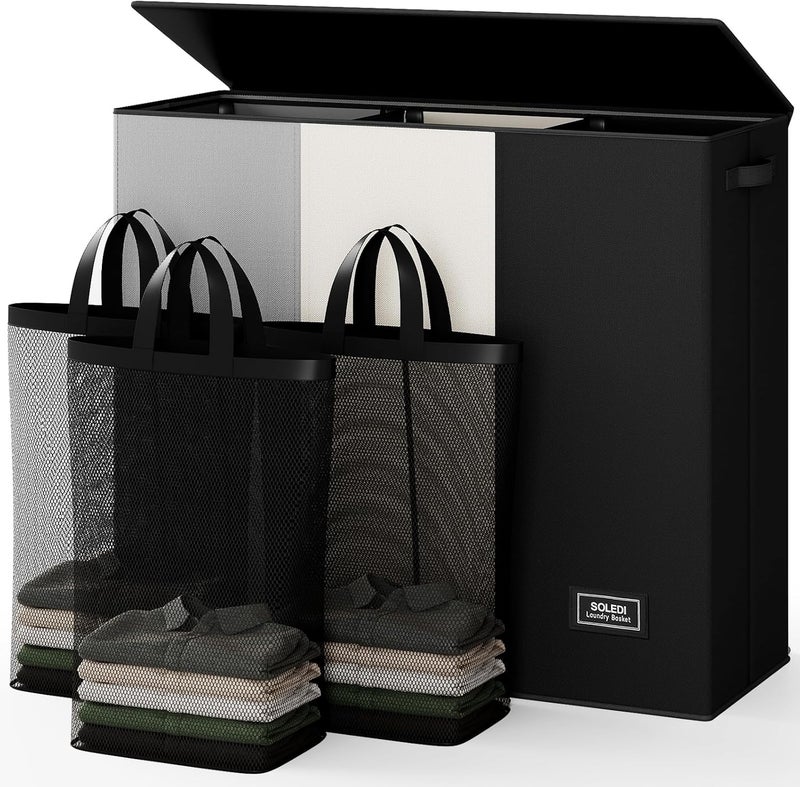 Laundry Hamper 3 Section with Lid and 3 Pcs Laundry Bag, Large Hamper 3 Compartment 180L, Basket Sorter for Bedroom Blanket Storage