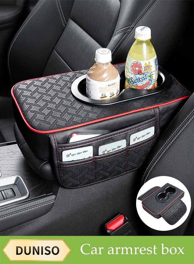 DUNISO Car Center Console Armrest Pillow, Waterproof Car Armrest Cover, Multifunctional Car Armrest Pad, With Velcro Straps, Cup Holder And Phone Holder Storage Bag, Wear-Resistant And Stain Resistant, Suitable For Most Cars - Image 1