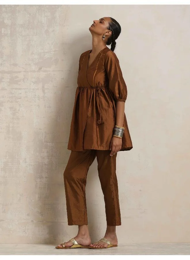 ترو برونز trueBrowns Brown Silk Angrakha Co-ord Set