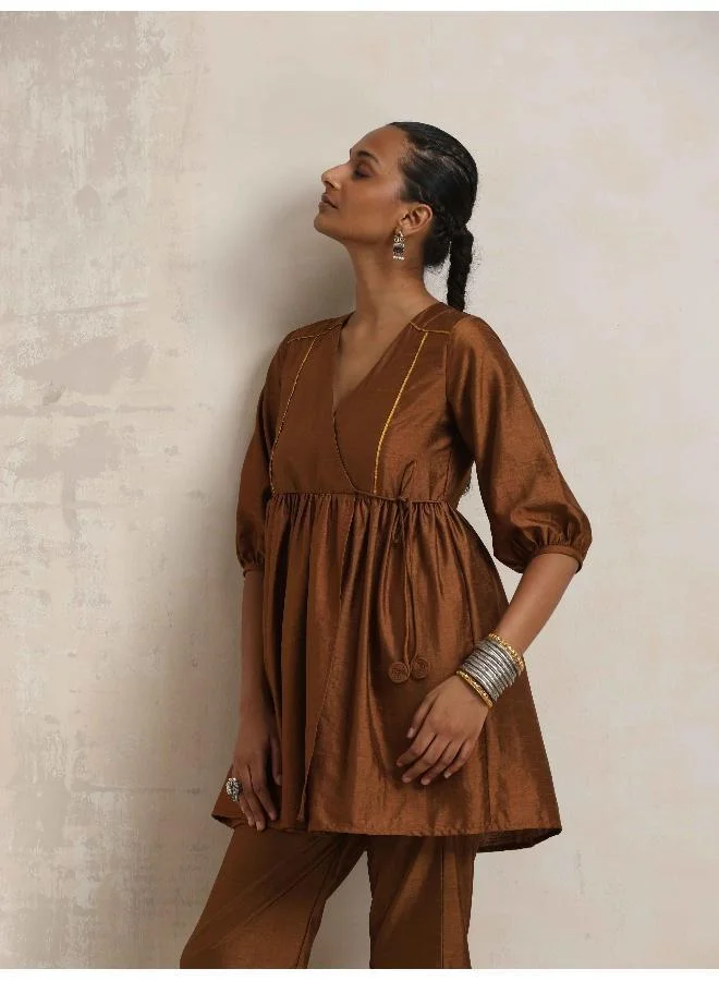 trueBrowns Brown Silk Angrakha Co-ord Set