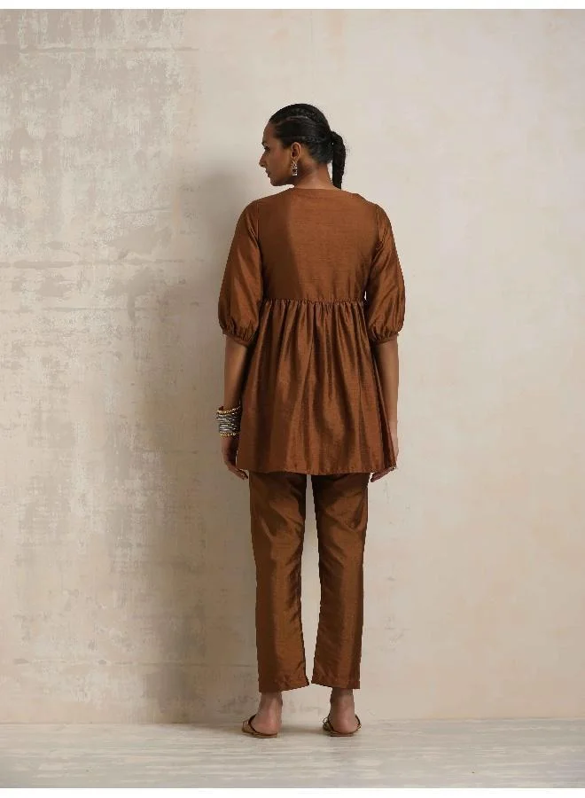 trueBrowns Brown Silk Angrakha Co-ord Set