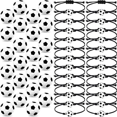 Romooa 48 Pcs Soccer Party Favor Sports Birthday Supplies Set 24 Inspirational Soccer Bracelets 24 Mini Foam Stress Ball for Sports Theme Birthday Party Team Valentine Gifts - Image 1