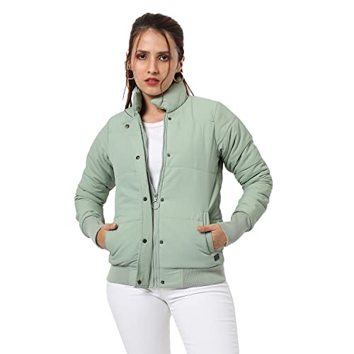 Campus Sutra Women's Light Green Puffer Regular Fit Bomber Jacket For Winter Wear, Standing Collar, Full Sleeve, Buttoned, Casual Jacket For Woman & Girl - Image 1