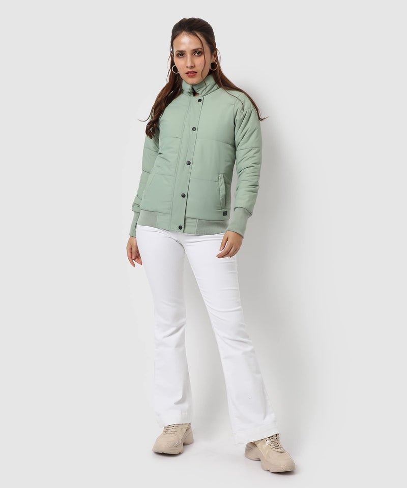 Campus Sutra Women's Light Green Puffer Regular Fit Bomber Jacket For Winter Wear, Standing Collar, Full Sleeve, Buttoned, Casual Jacket For Woman & Girl - Image 2