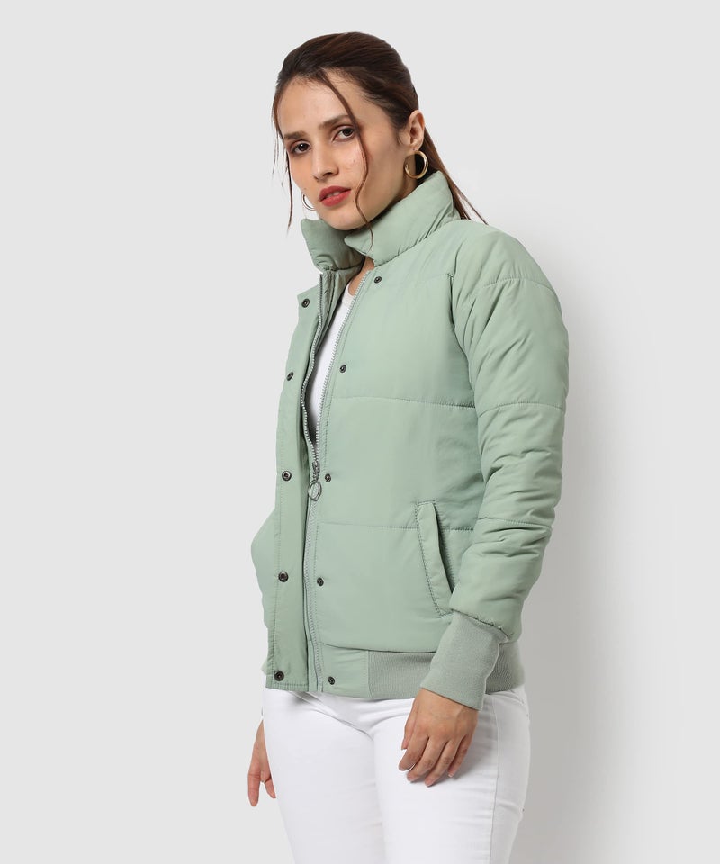 Campus Sutra Women's Light Green Puffer Regular Fit Bomber Jacket For Winter Wear, Standing Collar, Full Sleeve, Buttoned, Casual Jacket For Woman & Girl - Image 4