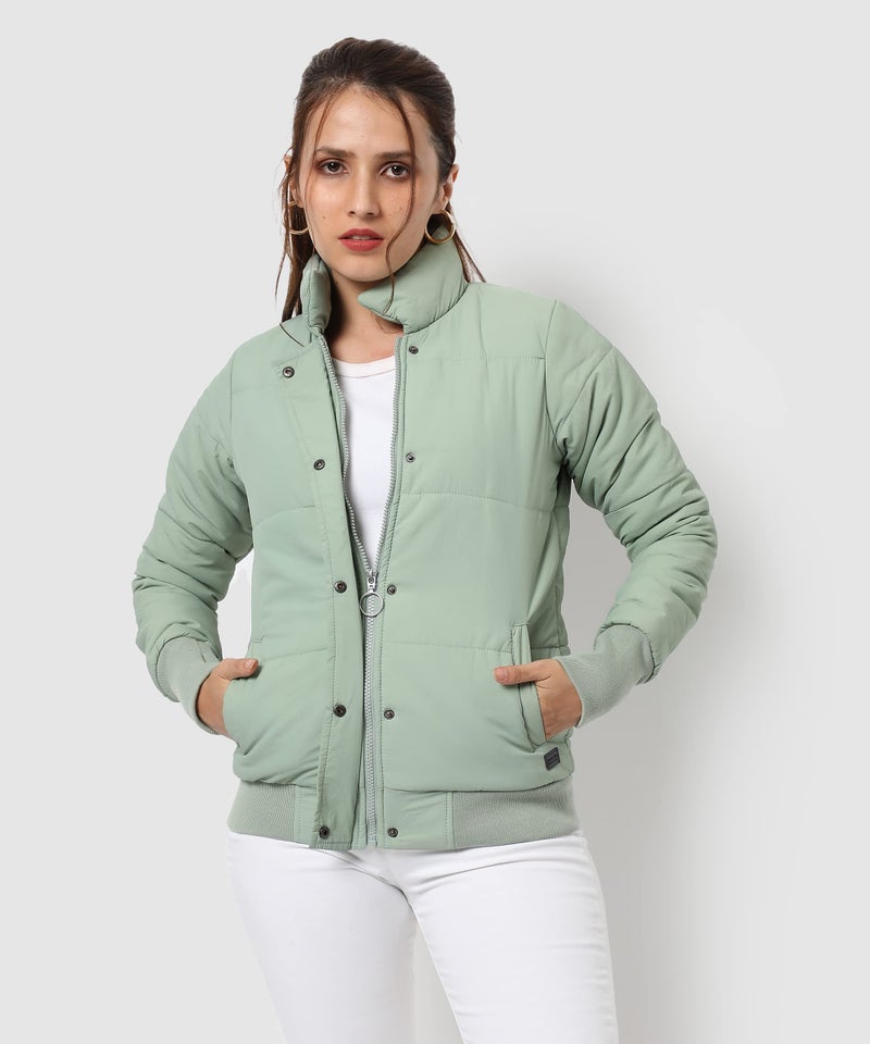 Campus Sutra Women's Light Green Puffer Regular Fit Bomber Jacket For Winter Wear, Standing Collar, Full Sleeve, Buttoned, Casual Jacket For Woman & Girl - Image 3