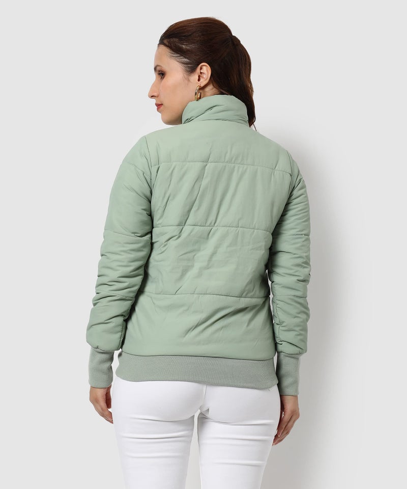 Campus Sutra Women's Light Green Puffer Regular Fit Bomber Jacket For Winter Wear, Standing Collar, Full Sleeve, Buttoned, Casual Jacket For Woman & Girl - Image 5