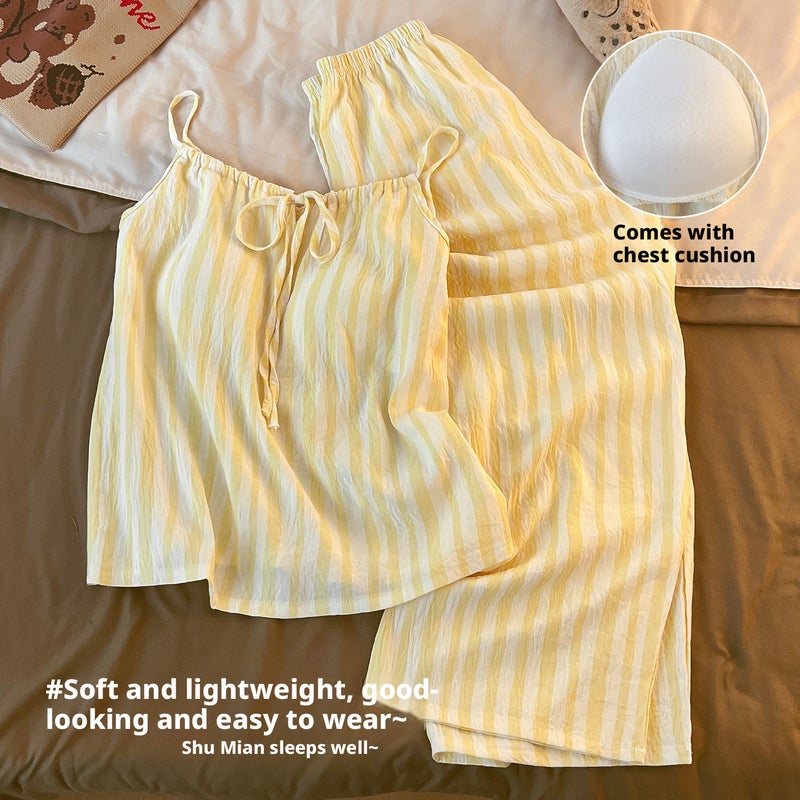 Women's Cloud Cotton Striped Sleepwear Set with Built-in Bra, Strappy Camisole and Pants - Image 3