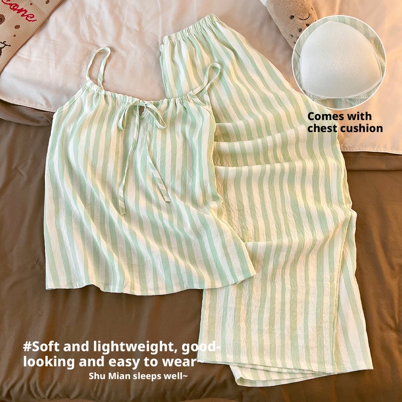 Women's Cloud Cotton Striped Sleepwear Set with Built-in Bra, Strappy Camisole and Pants - Image 1