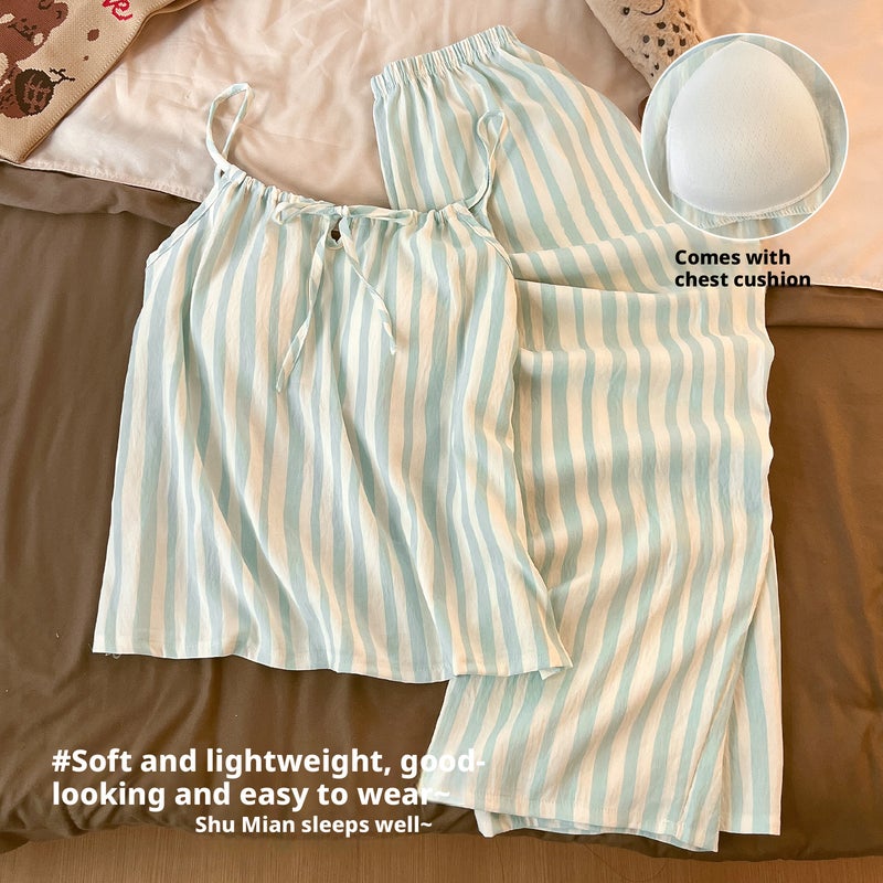Women's Cloud Cotton Striped Sleepwear Set with Built-in Bra, Strappy Camisole and Pants - Image 2