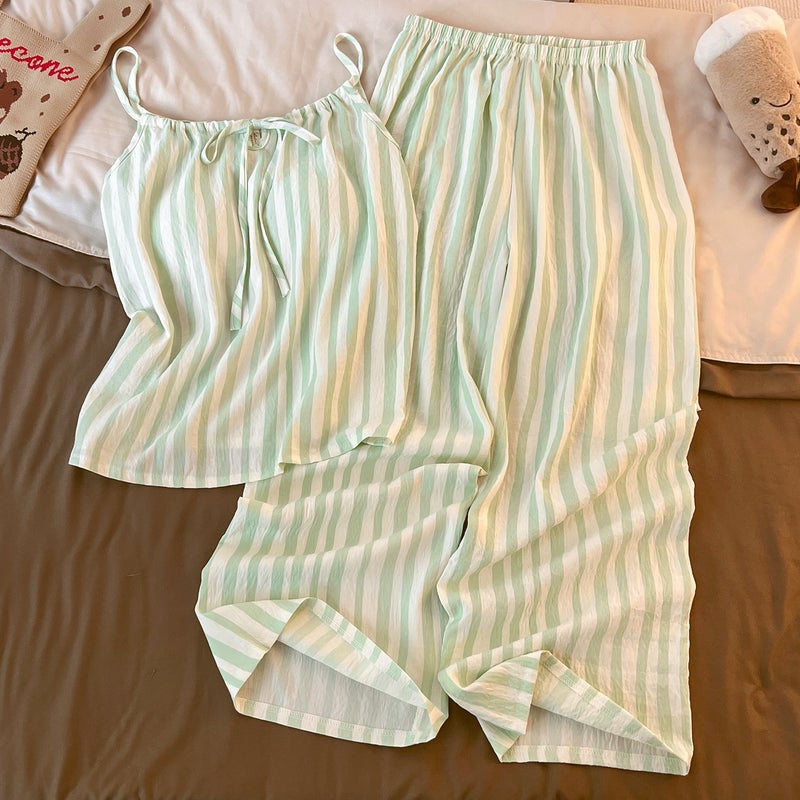 Women's Cloud Cotton Striped Sleepwear Set with Built-in Bra, Strappy Camisole and Pants - Image 4