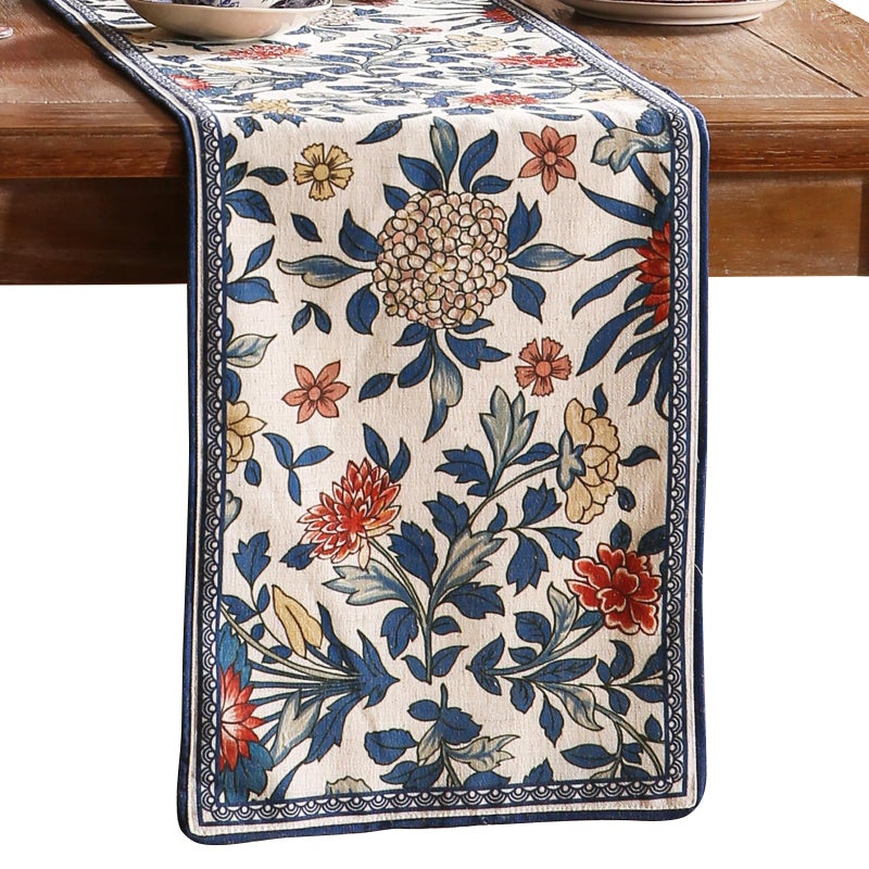 patdrea Designer Blue Cottage Rustic Floral Patterned Extra Long,Wrinkle Resistant Linen Table Runner 118 Inch Long,Decoration for Kitchen Dining and Coffee Tables Banquet Christmas , 12"x118" - Image 1