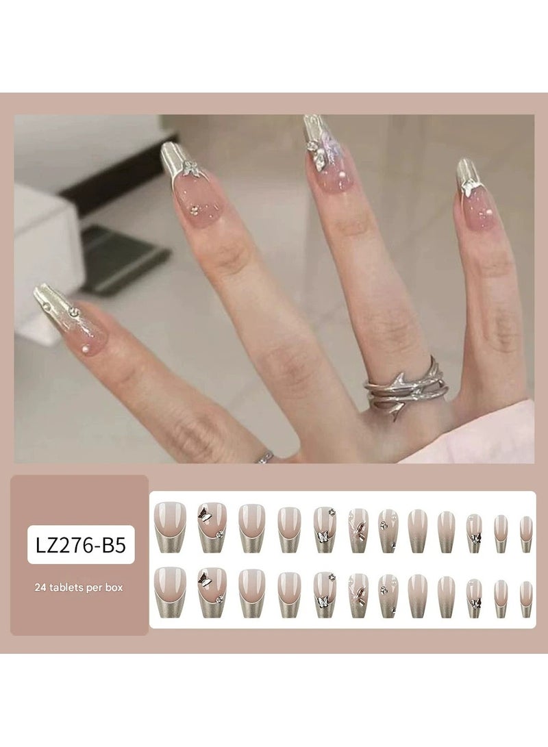 Goolsky Silver Glitter Butterfly Press On Nails – Reusable Wearable False Nail Tips, 24pcs Sparkling, Party/Daily Wear