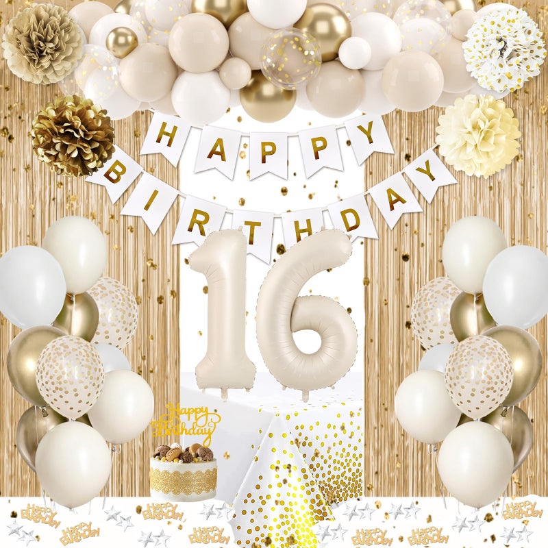 KISPATTI Sweet 16 Birthday Decorations White and Gold 16th Birthday Decorations for Girls Boy 16th Happy Birthday Banner Tablecloth Fringe Curtain Cake Topper Paper Pom Poms for Girl Boys Sweet 16 Party Decor - Image 2