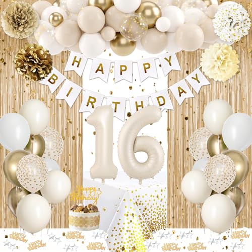 KISPATTI Sweet 16 Birthday Decorations White and Gold 16th Birthday Decorations for Girls Boy 16th Happy Birthday Banner Tablecloth Fringe Curtain Cake Topper Paper Pom Poms for Girl Boys Sweet 16 Party Decor - Image 1