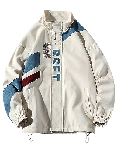 Yimoon Mens Varsity Jacket Vintage Letter Print Motorcycle Jacket Oversized Patchwork Unisex StreetwearBeigeL - Image 1