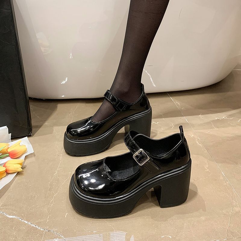 2023 Retro Mary Jane Pumps Black Thick Heel Black light
