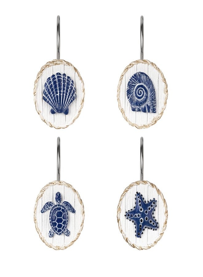 Sunlit Ocean Decorative Shower Curtain Hooks, Sea Turtle Spiral Shell Starfish Conch Shower Curtain Rings, Resin, Nautical Farmhouse Bathroom Decoration Beach Shower Curtain Hooks-12 Pack, Navy - Image 1