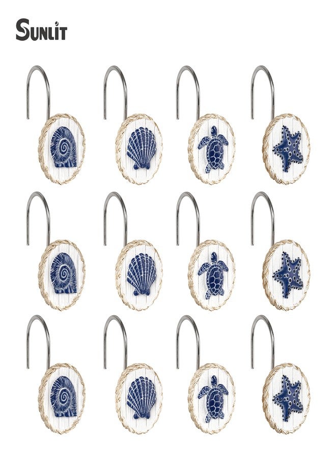Sunlit Ocean Decorative Shower Curtain Hooks, Sea Turtle Spiral Shell Starfish Conch Shower Curtain Rings, Resin, Nautical Farmhouse Bathroom Decoration Beach Shower Curtain Hooks-12 Pack, Navy - Image 3