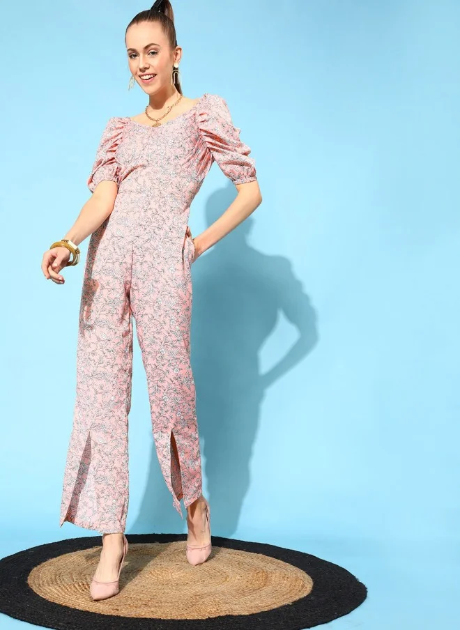 STREET 9 Peach-Coloured Printed Basic Jumpsuit for Women