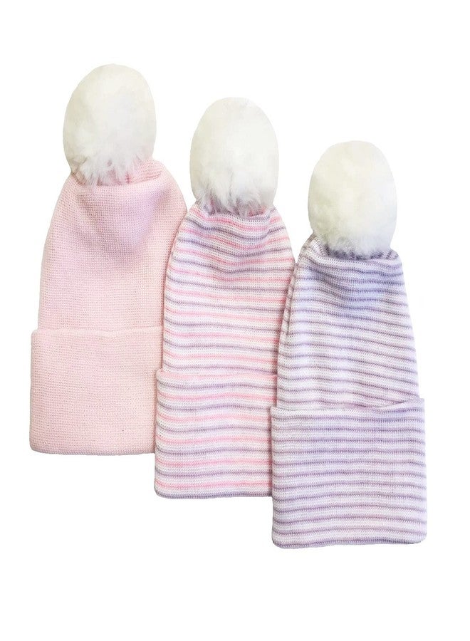 Nurses Choice Newborn Knit Hat Set - Soft Cotton Baby Beanie Caps with Pom Pom - Hospital Trusted Infant Essentials for Girls & Boys 0-3 Months (Pink, 3‑Piece Set) - Image 1
