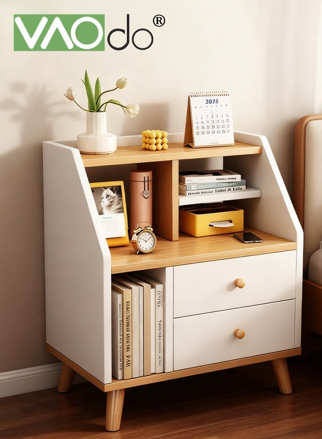 فاو دو طاولة تخزين بجانب السرير، طاولة بجانب السرير مع مساحة تخزين مفتوحة وأدراج، طاولة جانبية مع فواصل معقولة، أرجل داعمة من الخشب الصلب لغرفة النوم وغرفة المعيشة وغرفة الدراسة - Image 1
