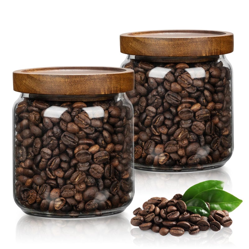 piconesper 2PCS Small Glass Storage Jars with Airtight Lids, 17 fl oz (500ml) coffee container with Wooden Lid, Glass Pantry Canister for Beans, Rice, Sugar and etc - Image 1