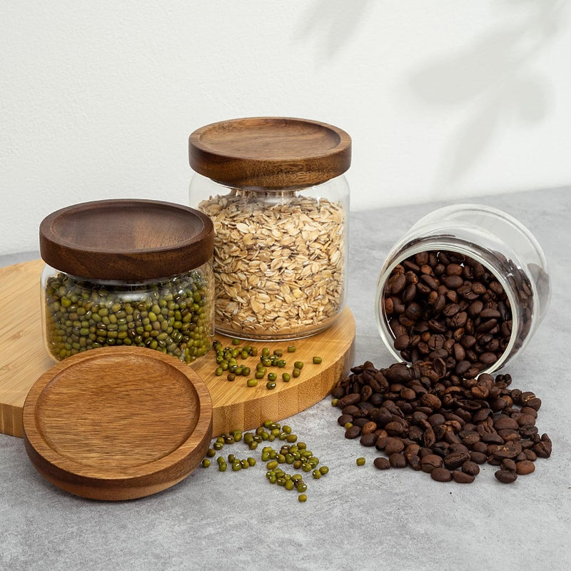 piconesper 2PCS Small Glass Storage Jars with Airtight Lids, 17 fl oz (500ml) coffee container with Wooden Lid, Glass Pantry Canister for Beans, Rice, Sugar and etc - Image 5