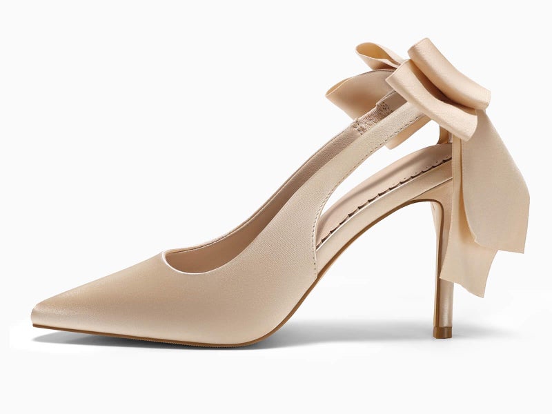Coutgo Womens Slingback High Heels with Bow Closed Pointed Toe Wedding Bride Dress Shoes Satin Pumps, Champagne Gold, Size 7 - Image 4