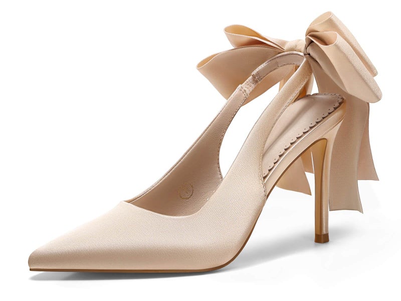 Coutgo Womens Slingback High Heels with Bow Closed Pointed Toe Wedding Bride Dress Shoes Satin Pumps, Champagne Gold, Size 7 - Image 1