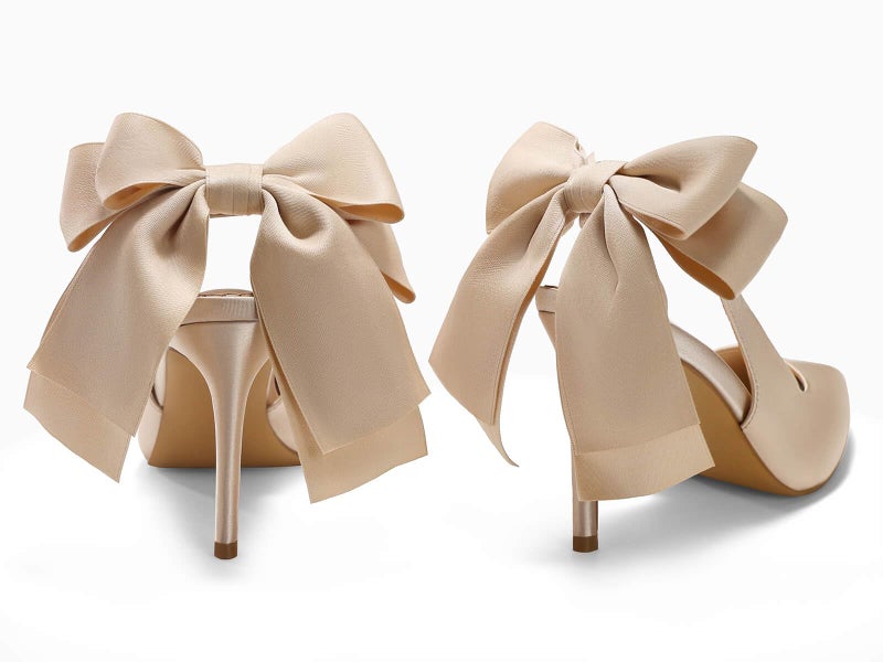 Coutgo Womens Slingback High Heels with Bow Closed Pointed Toe Wedding Bride Dress Shoes Satin Pumps, Champagne Gold, Size 7 - Image 5