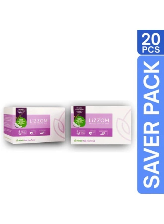 LiZZOM Organic Ultra Thin Large Sanitary Pads with Wings, Pack of 2 (20 Pads), Bamboo Top Sheet, Biodegradable Back Sheet - Image 1