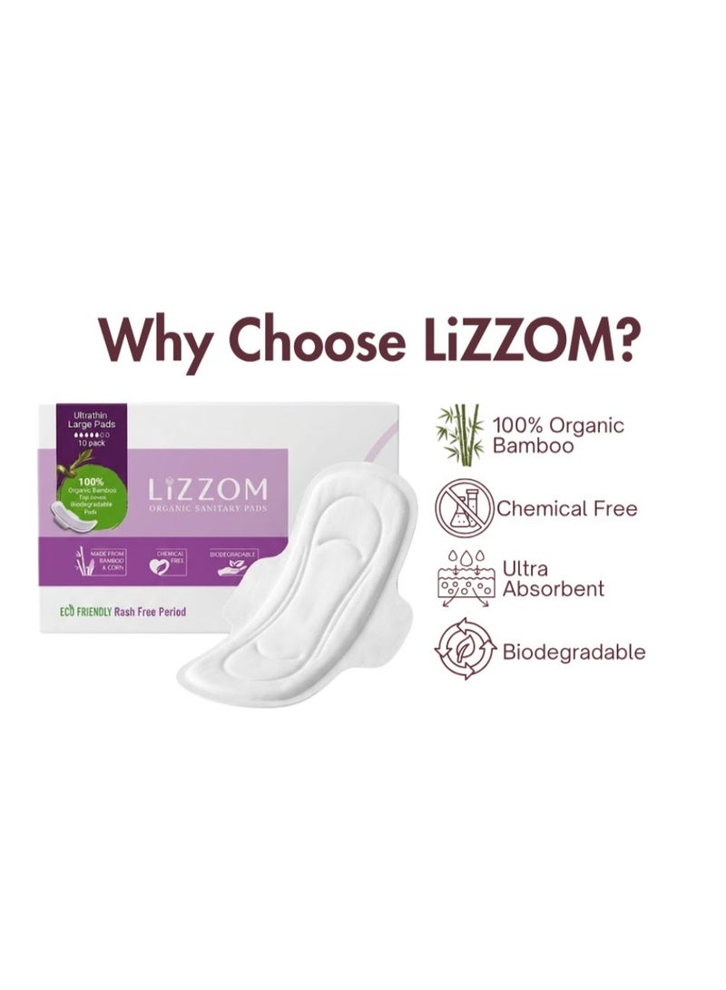 LiZZOM Organic Ultra Thin Large Sanitary Pads with Wings, Pack of 2 (20 Pads), Bamboo Top Sheet, Biodegradable Back Sheet - Image 4