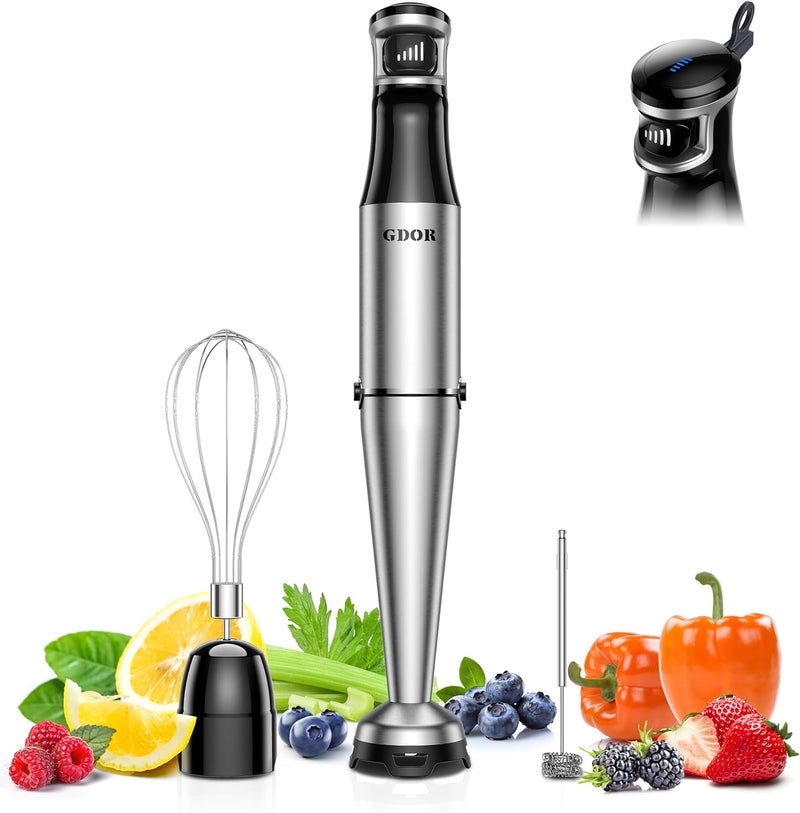 GDOR Electric Hand Blender, 3 in 1 Stainless Steel 1100W Continuous Speed Hand Mixer with 2 Whisks for Kitchen Soup Smoothie Puree - Image 1