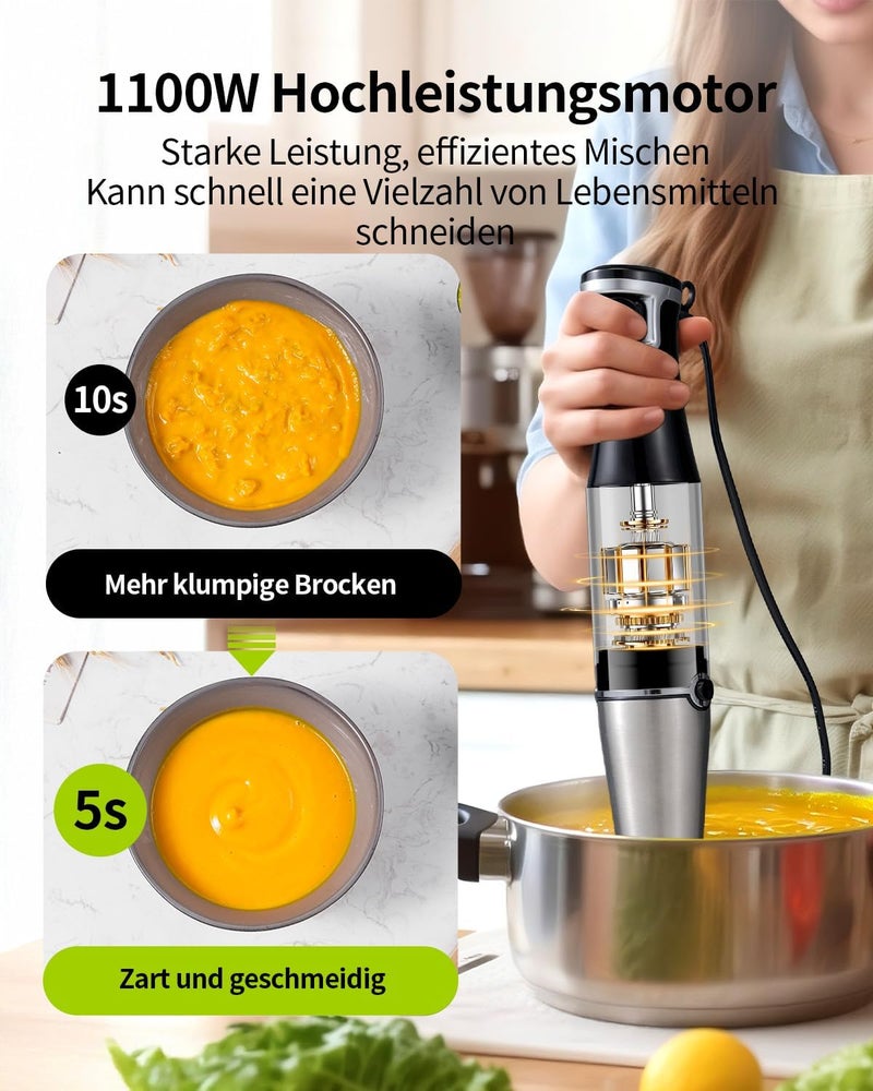 GDOR Electric Hand Blender, 3 in 1 Stainless Steel 1100W Continuous Speed Hand Mixer with 2 Whisks for Kitchen Soup Smoothie Puree - Image 3