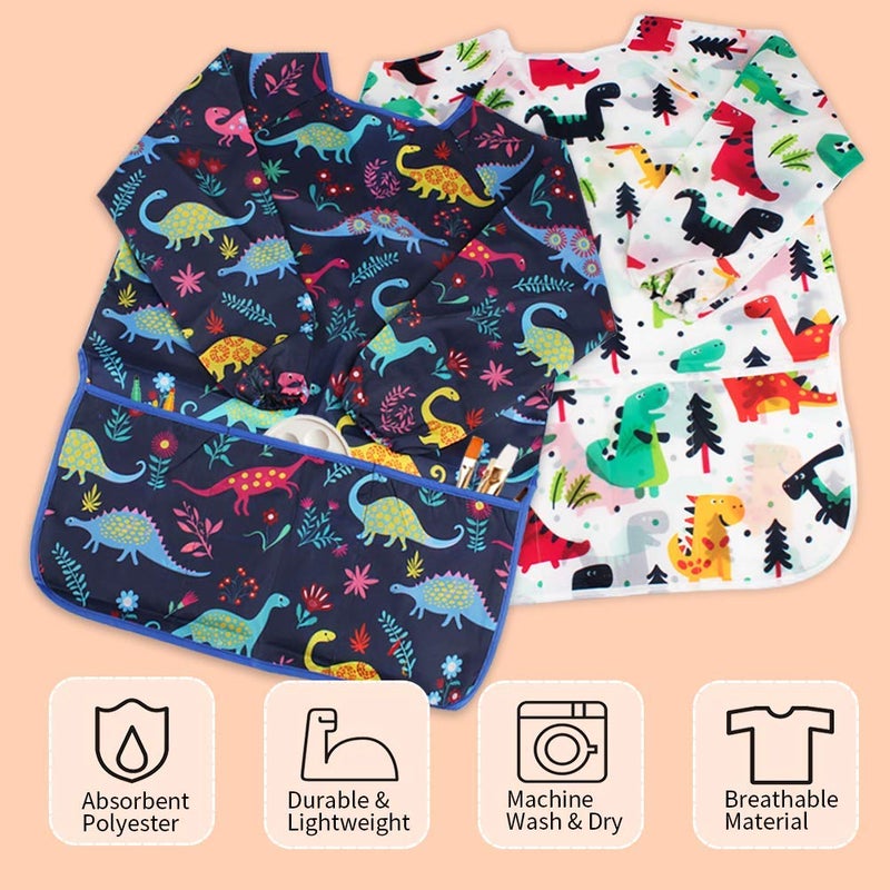BAHABY Kids Art Smocks 2 Pack Dinosaur Painting Apron for Children Waterproof Artist Smock with Long Sleeve and 3 Pockets for Age 3-8 Years - Image 5