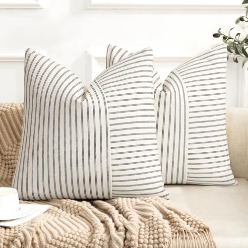 Farmhouse Pillow Covers 16x16 Modern Accent Square Throw Pillow Covers Set of 2 Black and Beige Striped Patchwork Linen Decorative Pillows Cushion Covers for Couch Chair Bedroom Fall Decorations