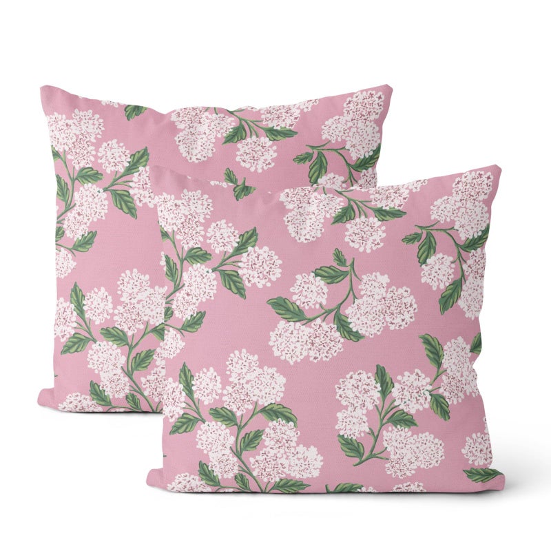 DAFENA Pink Pillow Covers 18x18 Inch 2 Pcs Preppy Pink Green Hydrangea Flower Decor Throw Pillows Vintage Floral Seasonal Spring Summer Outdoor Decoration Pillowcase Linen Cushion Cover for Couch Sofa - Image 2